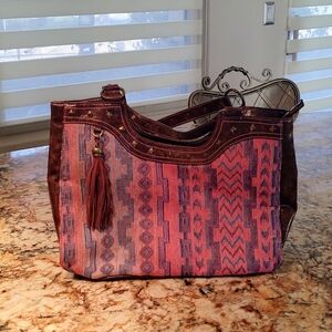 Catchfly Aztec woven tapestry tote/shoulder bag with faux leather trim